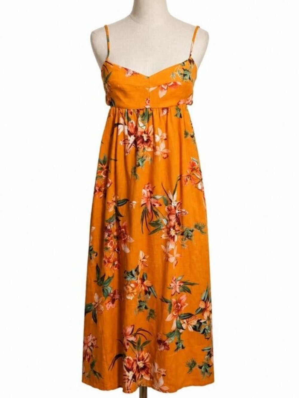 O.P.T Orange Floral Linen Blend Midi Dress Spaghetti Strap Size M NWT